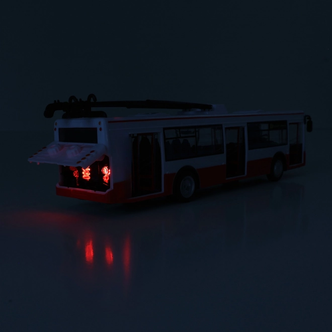 Trolejbus slovensko govoreči plast 29cm rdeč brezplačna vožnja na baterijah s svetlobo in zvokom v škatli 33x11x10cm