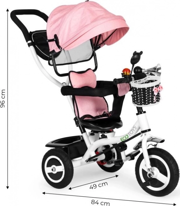 ECOTOYS Tricikel s streho in vodilno palico roza