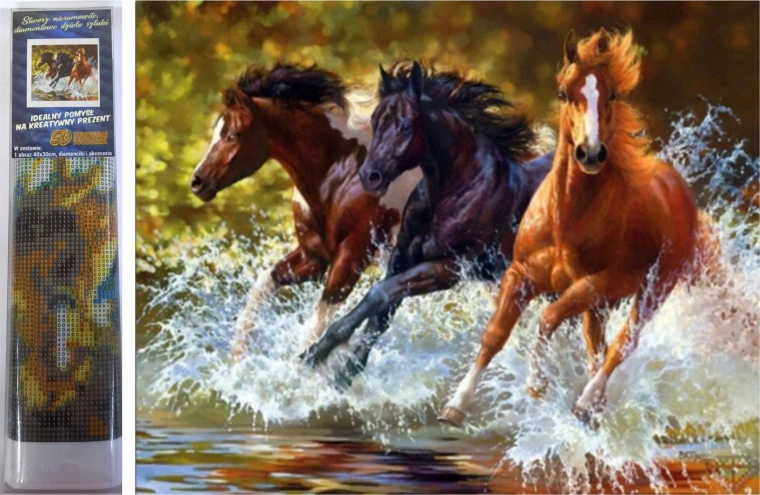 Diamantno slikanje – konji v reki 30 × 40 cm