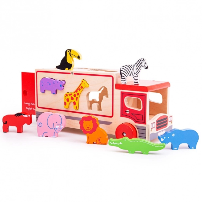 Bigjigs Igrače Leseni avto s safari živalmi