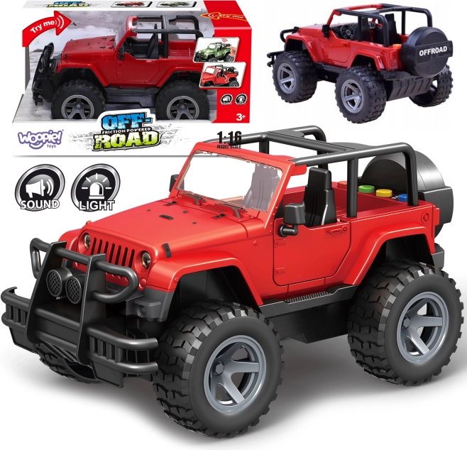 Woopie rdeči terenski jeep s svetlobnimi učinki in zvoki 1:16