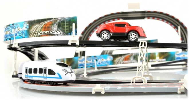 Električna železnica Racetrack 2v1 za otroke 6+ z daljinskim upravljanjem + lokomotive + vagoni + avtomobilčki