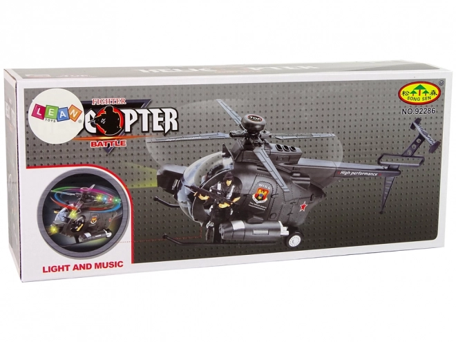 Vojni helikopter s krili in svetlobnimi učinki na baterije