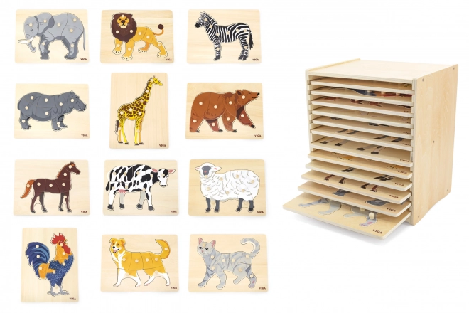 Komplet lesenih puzzlov 12 živali Montessori s stojalom Viga