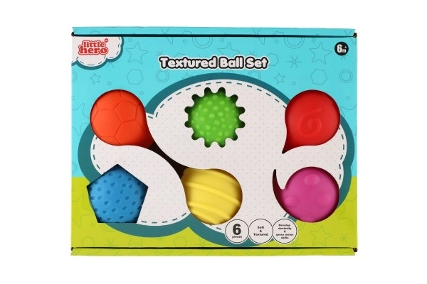 Set 6 gumijastih žogic s teksturo 6cm v škatli 6m+