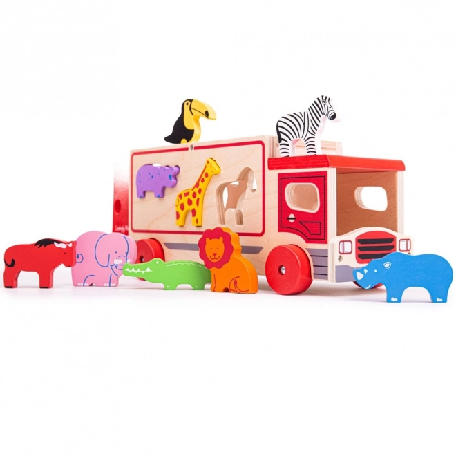 Bigjigs Igrače Leseni avto s safari živalmi