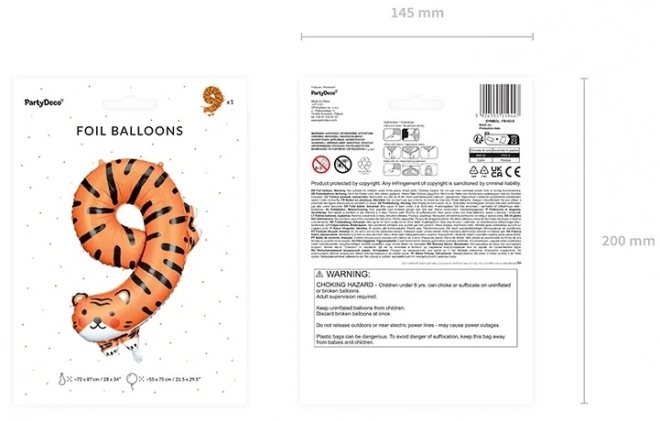 Folijski rojstnodnevni balon številka 9 - Tiger 64 x 87 cm