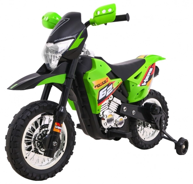 Otroški električni motokros motor na akumulator – zelen, s pomožnimi koleščki in LED lučmi