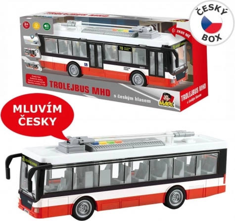 trolejbus s češkim glasom s vztrajnikom in svetlobnimi učinki 28 cm