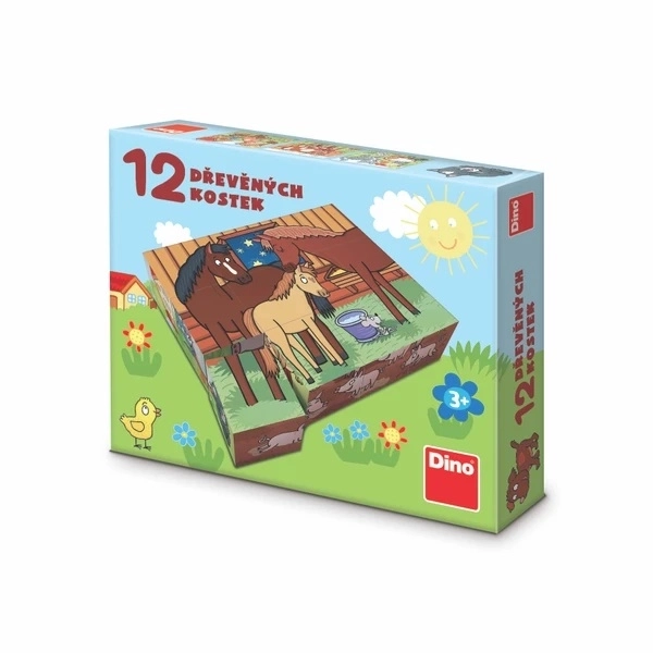 Kocke kubus domače živali les 12kos v škatli 21x18x4cm