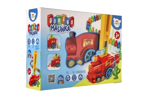 Lokomotiva/Vlak domino postavljajoči plast 16cm na baterije z zvokom in svetlobo v škatli 33x23,5x8cm