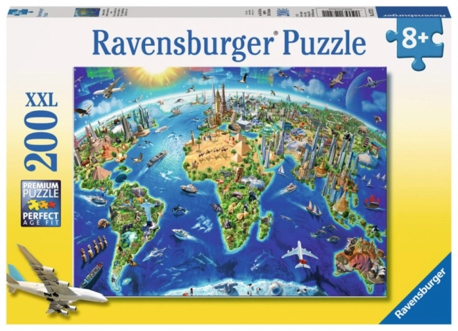 Puzzle zemljevid sveta z znamenitostmi XXL 200 kosov