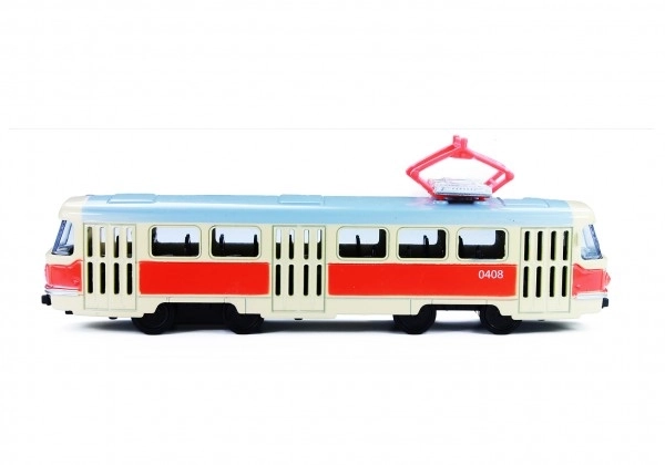 Tramvaj Tatra T3 češka kovinska 16cm retro z vzvratno vožnjo v škatli 20x8x6cm CZ dizajn