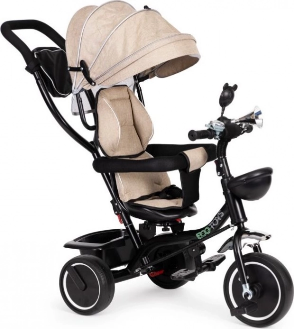 ECOTOYS tricikel s streho in vodilno palico bež barve