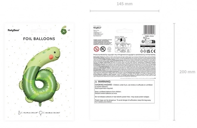 Folijski rojstnodnevni balon številka 6 - želva 75 x 96 cm
