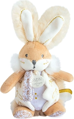 Doudou plišasti zajček s ropotuljico in pripenjalom za dudo 21 cm, bel