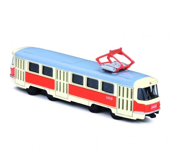 Tramvaj Tatra T3 češka kovinska 16cm retro z vzvratno vožnjo v škatli 20x8x6cm CZ dizajn