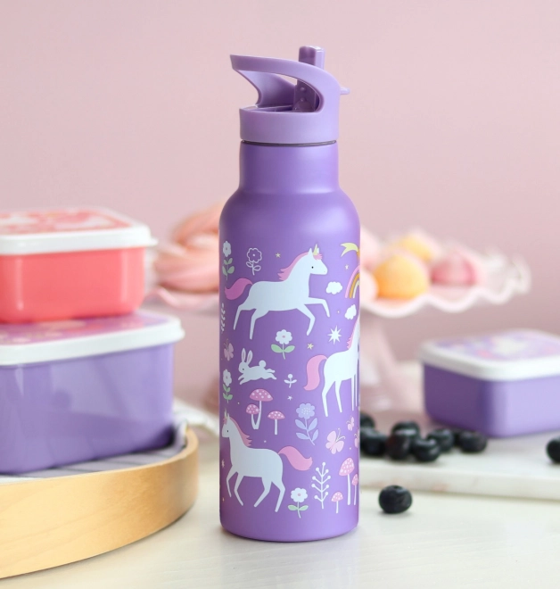 A Little Lovely Company Nerjaveča steklenica za pitje 500 ml – Samorogi in mavrica