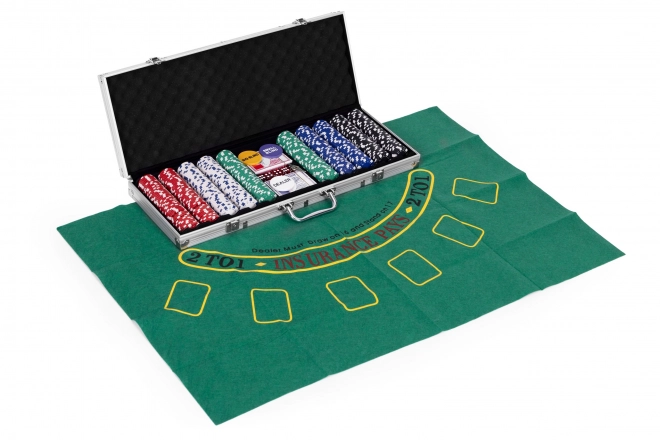 Poker in Blackjack set – 500 žetonov, 2 kompleta kart, kocke, igralna podloga, zaklenljiv kovček