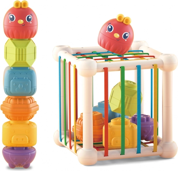 WOOPIE BABY elastična senzorična kocka in sortirka za otroke z živalicami + ropotuljica, 7 delov