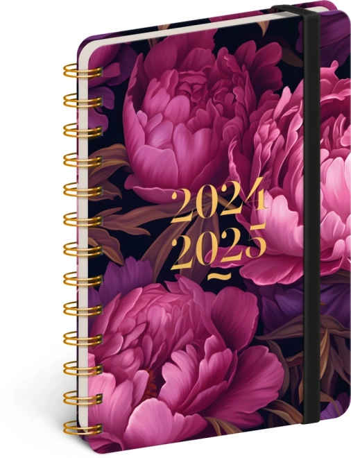 Spiralni 18-mesečni dnevnik Petito – Vijolične rože 2024/2025, 13 × 18 cm