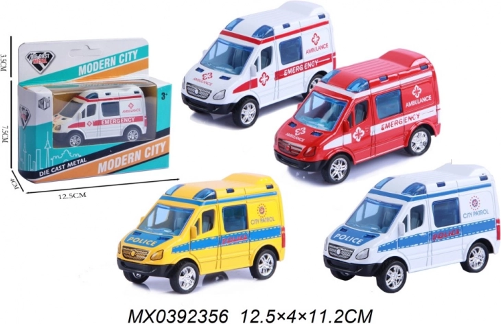Kovinski model policijskega avtomobila in reševalnega vozila s pogonom pull-back
