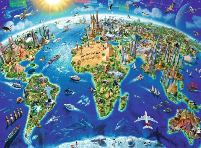 Puzzle zemljevid sveta z znamenitostmi XXL 200 kosov