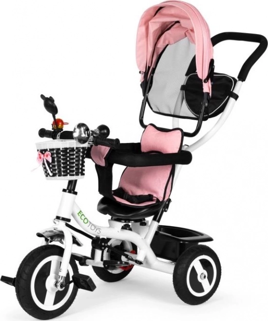ECOTOYS Tricikel s streho in vodilno palico roza