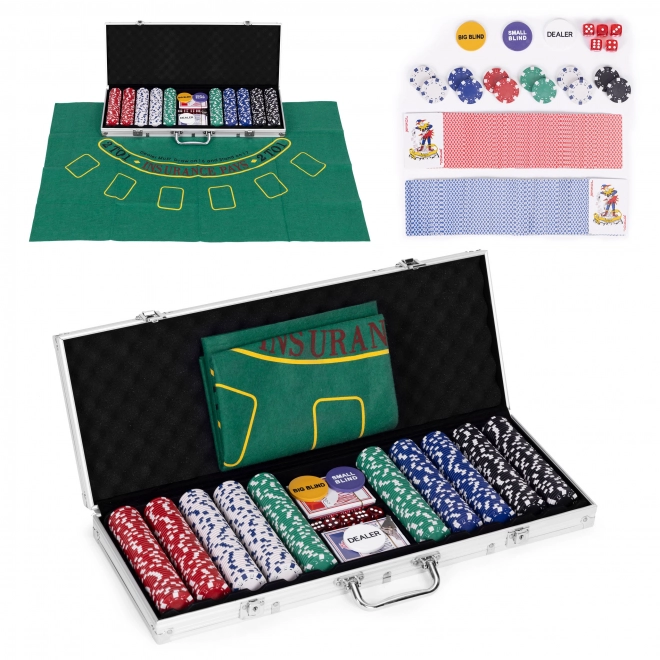 Poker in Blackjack set – 500 žetonov, 2 kompleta kart, kocke, igralna podloga, zaklenljiv kovček