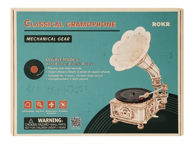 RoboTime 3D lesene mehanske puzzle Gramofon (ročni pogon)