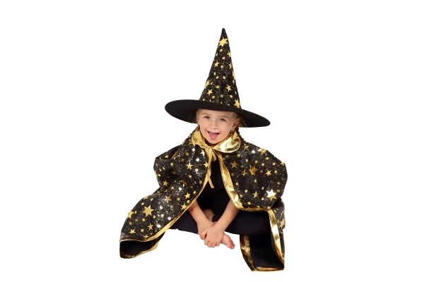 Čarovniški klobuk + ogrinjalo za otroke premer 38cm črno-zlati v vrečki karneval