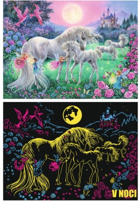 RAVENSBURGER svetleči puzzle samorogi ob polni luni XXL, 100 kosov