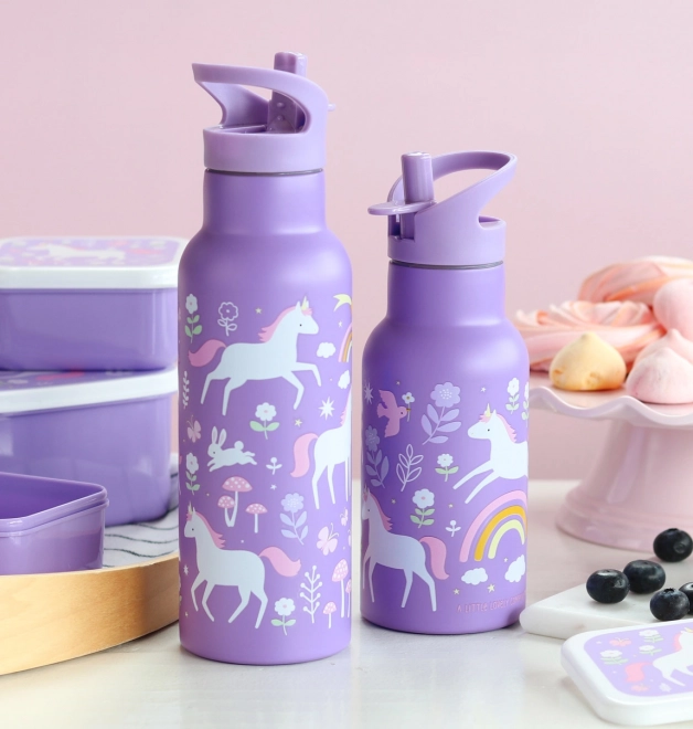 A Little Lovely Company Nerjaveča steklenica za pitje 500 ml – Samorogi in mavrica