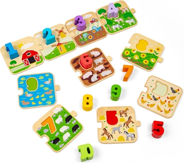 BIGJIGS TOYS lesene sestavljanke s slikami in številkami 1–10 (Življenje na kmetiji)
