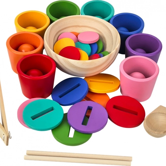 Mavrične kroglice, kovanci in lončki – montessori leseni set v 8 barvah