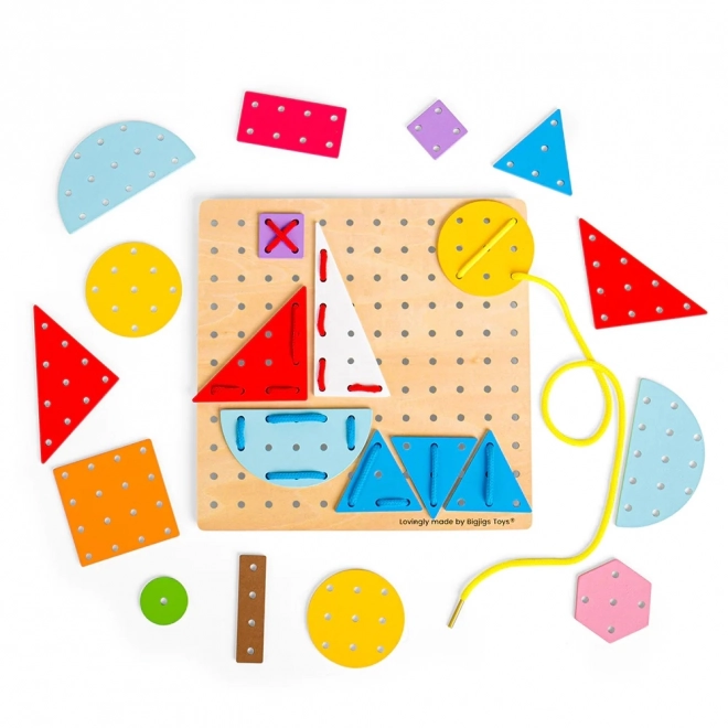 Bigjigs Toys Lesena igra za vezanje Geometrične oblike