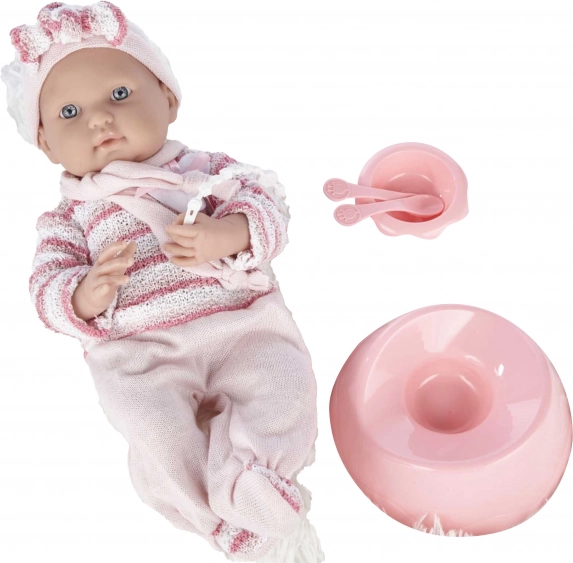 Punčka dojenček v rožnatem pajacu 40 cm z dodatki