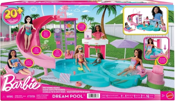 barbie sanjski bazen – igralni set s toboganom, masažno kadjo in prigrizkovnim barom