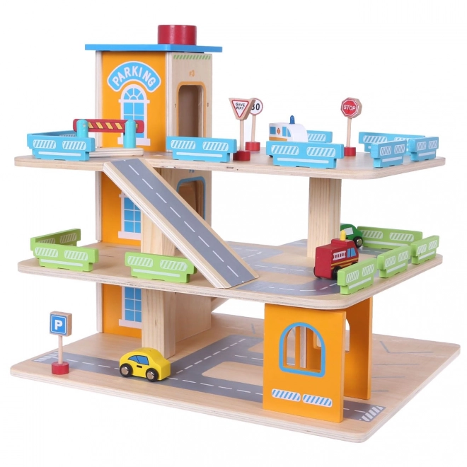Lesena garažna steza z dvigalom + avtomobilčki Ecotoys