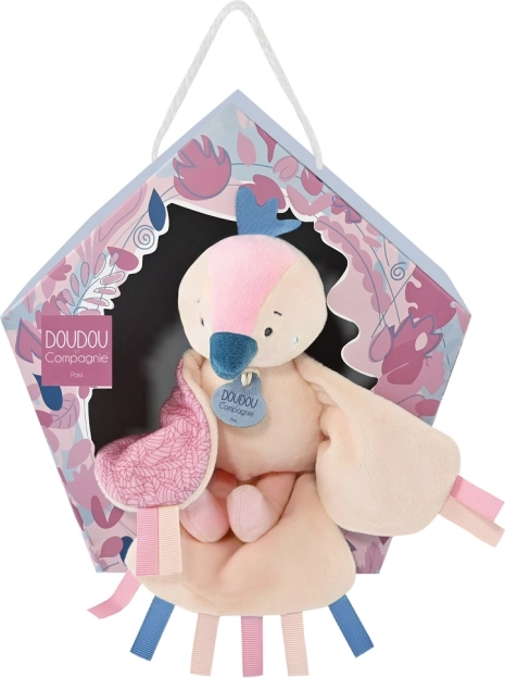 Darilni komplet Doudou - glasbena plišasta igrača rožnati ptiček 23 cm