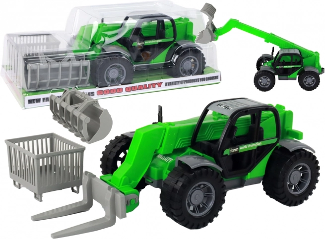 Zeleni traktor z izvlečnim krakom in zamenljivimi nastavki