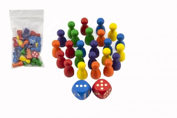 Figurice lesene 25mm 24kos 6 barv+ 2 kocki družabna igra v vrečki 7x13cm