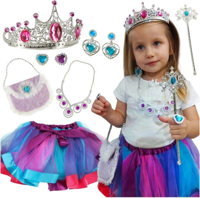 Otroški kostum princesa s krono, paličico in torbico – 9-delni komplet