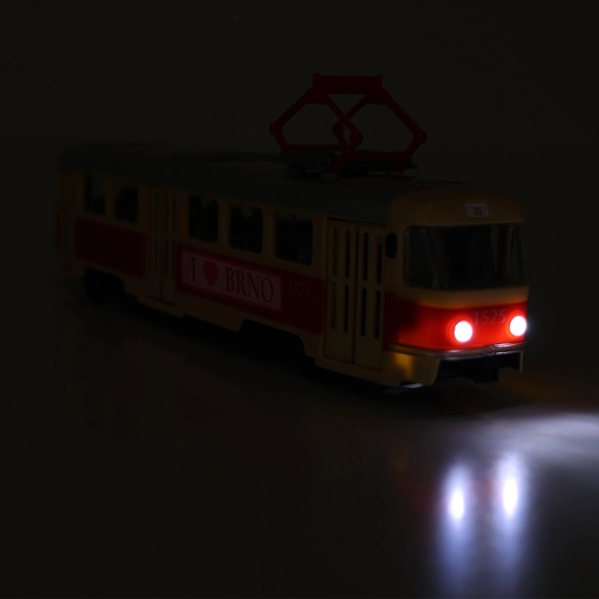 Tramvaj, ki napoveduje postajališča v češčini 28 cm BRNO