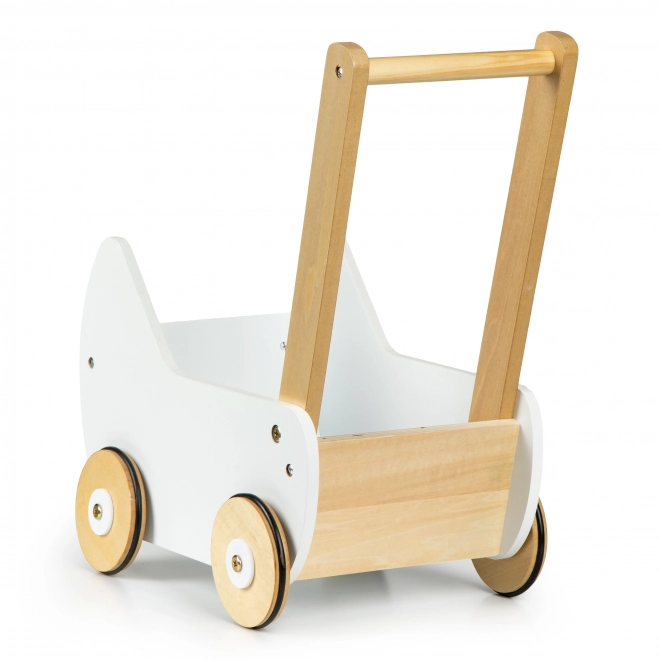 ECOTOYS Leseni voziček za lutke beli