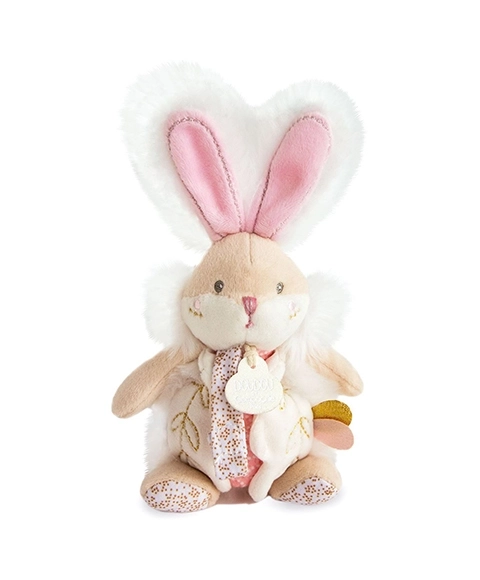 Doudou Igrača zajček z ropotuljico in držalom za dudico 21 cm – roza