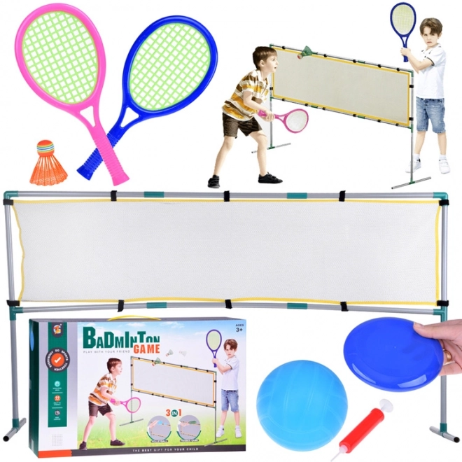 Športni set 3v1: Mreža za odbojko, komplet za badminton, leteči disk