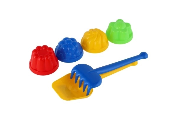 Komplet za pesek plastična lopatica, grabljice, 4 kosi kalupov v mrežici