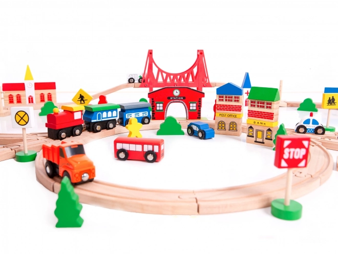 Lesena baterijska železniška komplet 90 delov Ecotoys