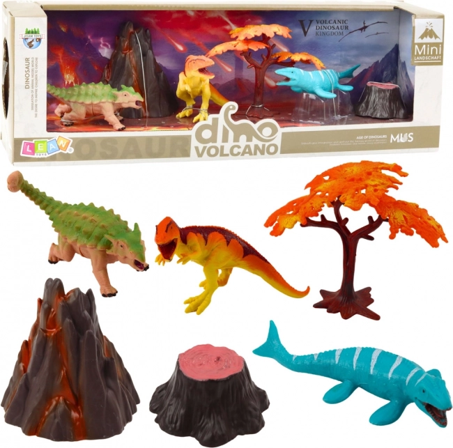 Komplet realističnih figur dinozavrov z vulkanom in drevesom